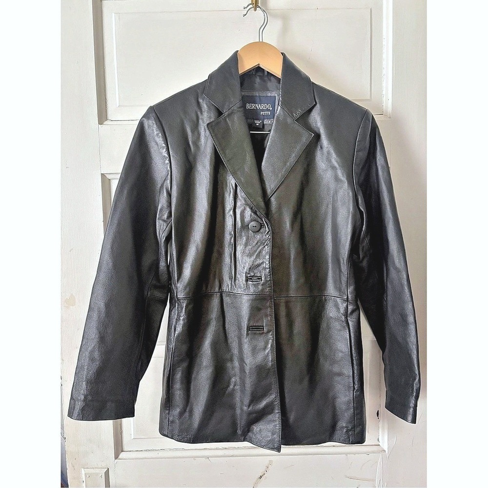 Vintage 1990s Bernardo Black Blazer Petite Genuine 100% Real Leather Jacket,  Me